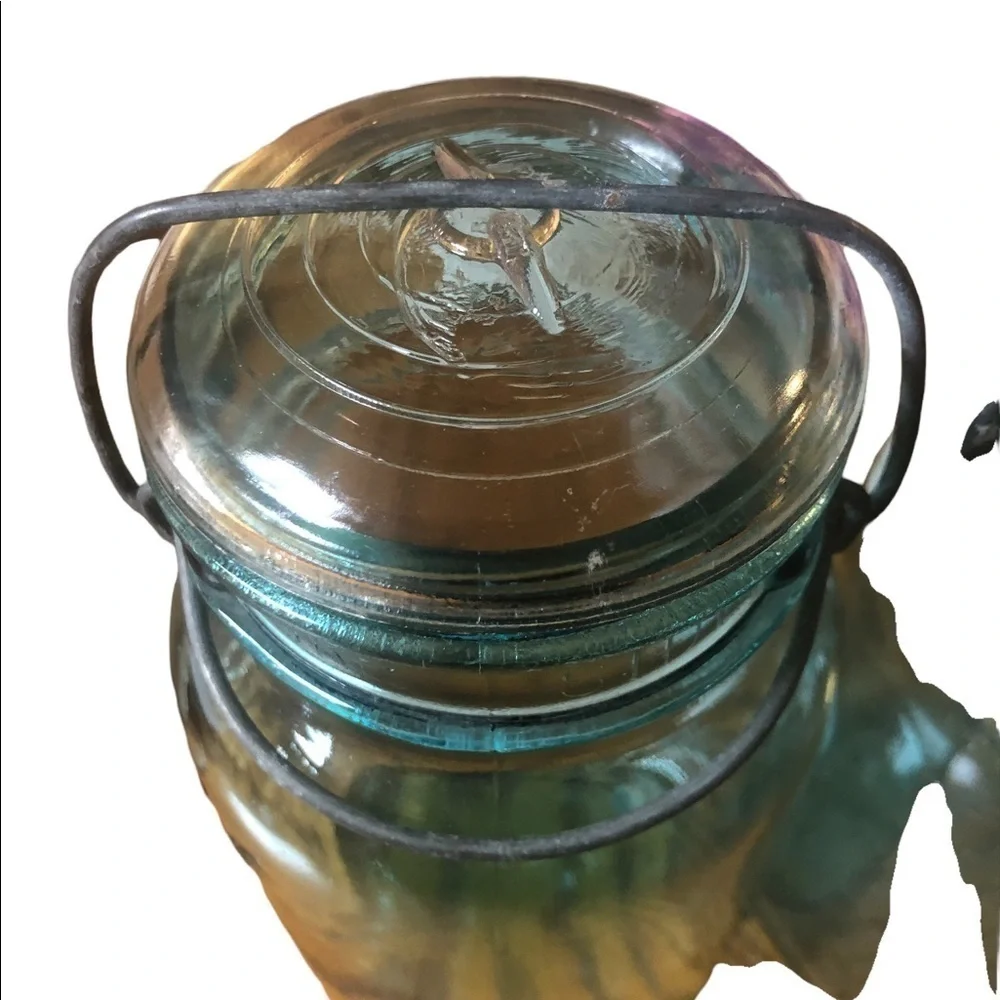 Vintage Ball Ideal Blue Mason Jars Glass Lid Wire Bail Quart Size July 1908